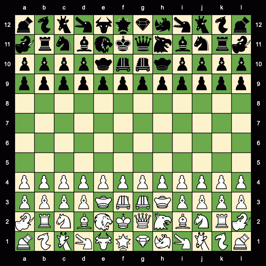 One of the 144 possible starting positions for Maasai Chess