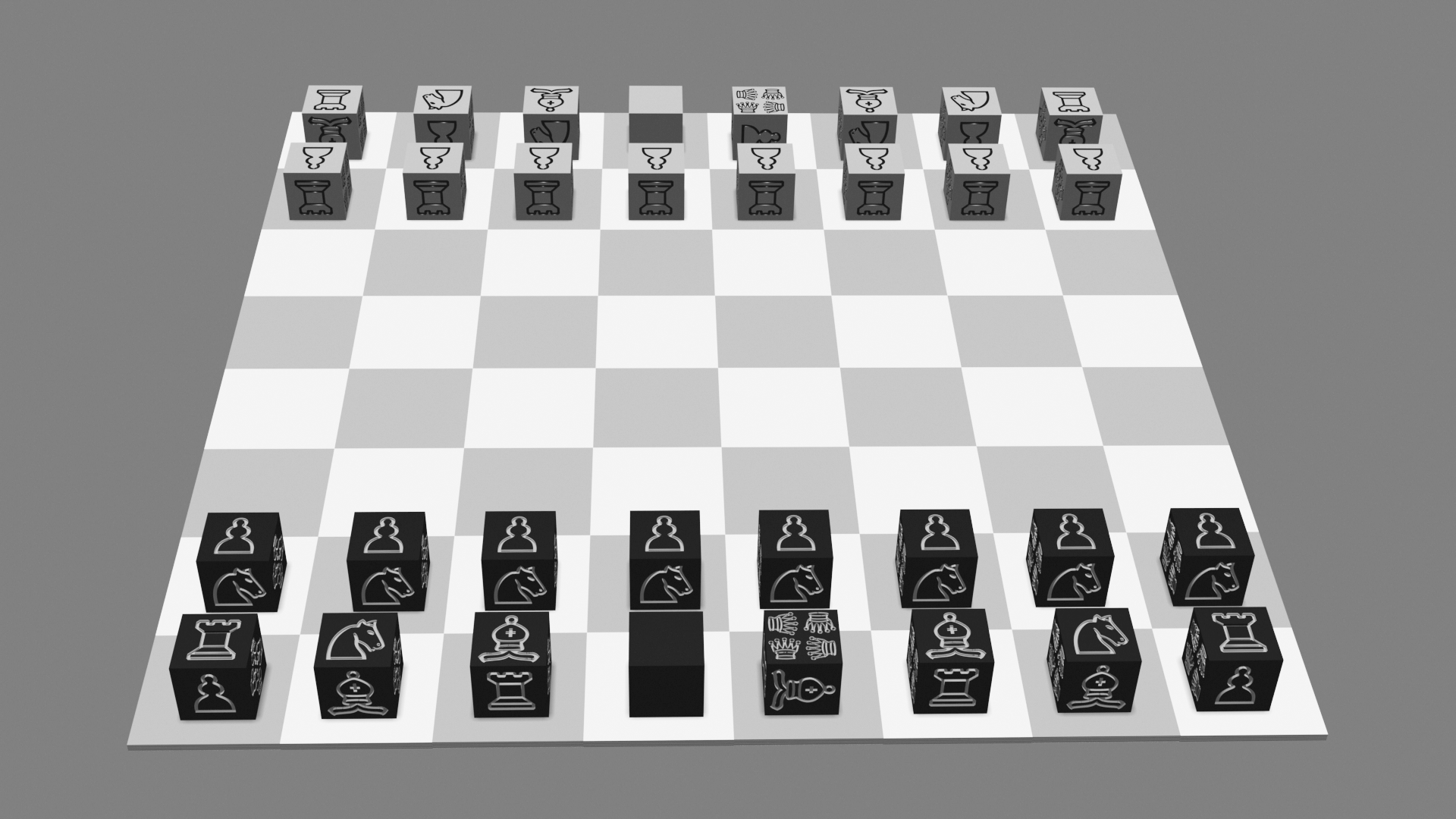 3D rendering of white and black Rolling Chess 6-sided die pieces on an 8x8 standard chess board